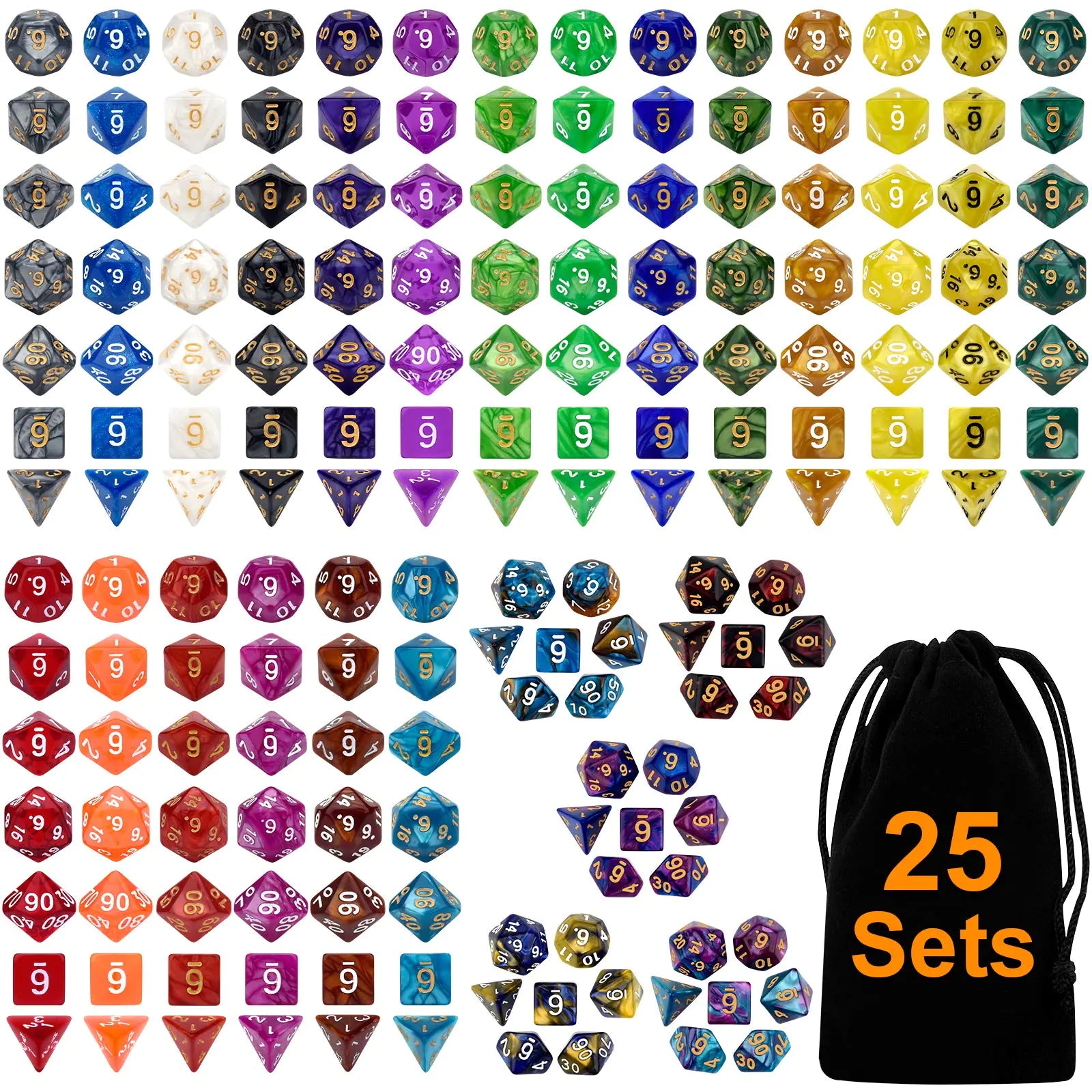 DND Double-Colors Polyhedron Dice Set for Dungeons and Dragons D&D RPG MTG Table Games D4 D6 D8 D10 D% D12 D20 25 Colors Dice with 1 Large Flannel Bag 25 x 7 (175 Pieces)