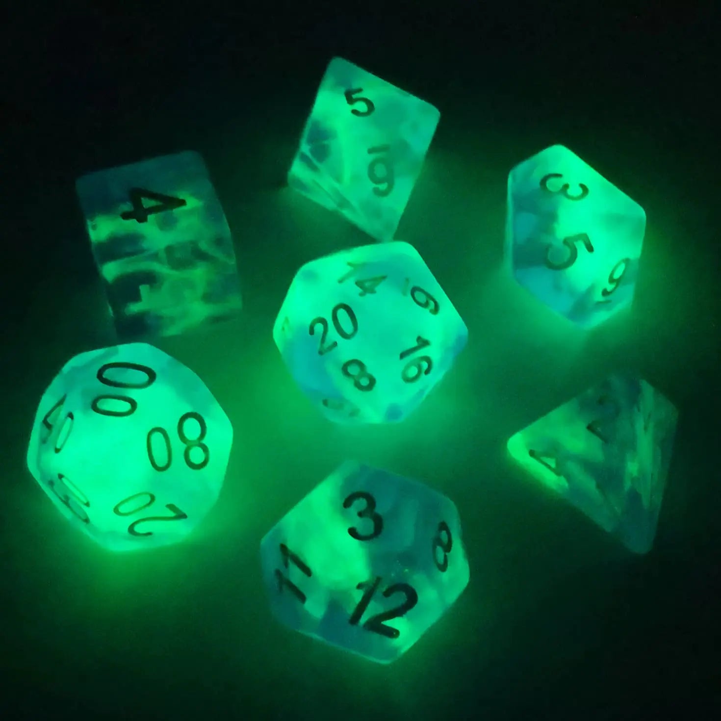 Bescon Super Glow in The Dark Nebula Glitter Polyhedral Dice Set Northern Light Luminous RPG Dice SetGlowing Novelty DND Game Dice Set Novelty DND Game Dice d4 d6 d8 d10 d12 d20 d% in Brick Box