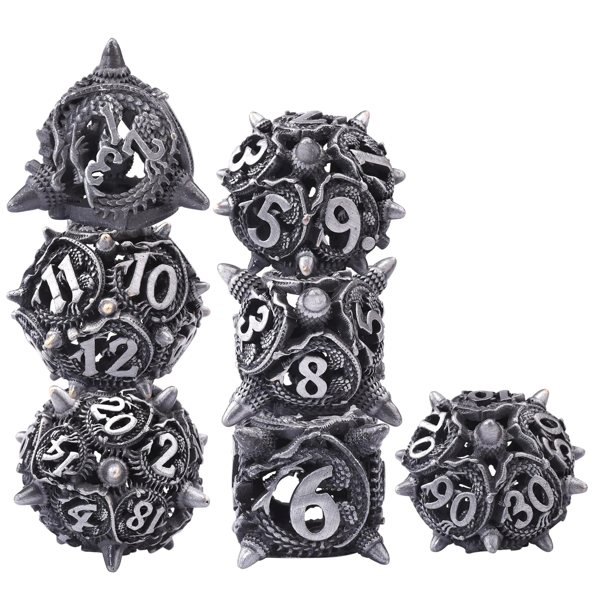 AUSTOR Metal DND Dice Set Dragon DND Hollow Metal Dice 7 Pieces Polyhedral Dice D20 D12 D10 D% D8 D6 D4 Dice with Metal Box for Dungeons & Dragons RPG Board Games(Antique Iron)