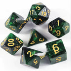 Set of green polyhedral dice with gold numbers on a white background