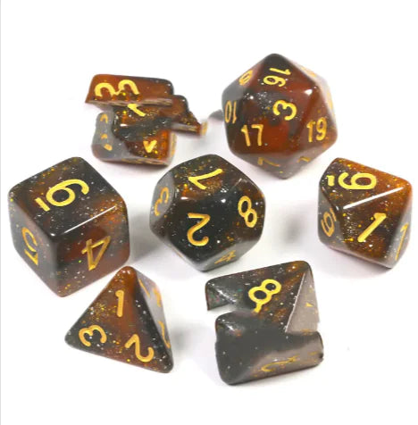 Set of polyhedral dice with brown and gold speckled pattern on a white background
