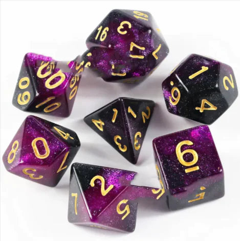 Purple and black dice set with gold numbers on a white background