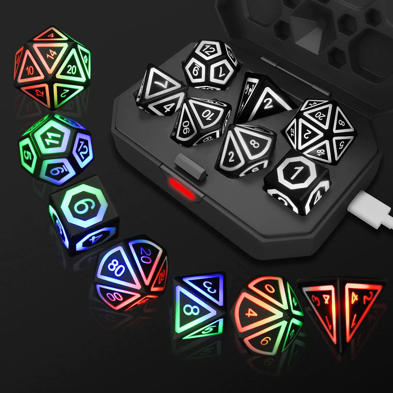 EXCECAR Rechargable DND Dice Set Light Up Dice 7 PCS Glowing Balanced LED Dice Electronic Dices D&D Dice Polyhedral Dice Set RPG Role Playing Table Game