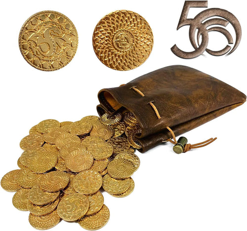 50 DND Fantasy Metal Gold Coins & Leather Pouch for Dungeons & Dragons Novelty Tabletop RPG Board Games Tokens Treasure Coins for Party Tablelap Games Accessories Addons Medieval Game
